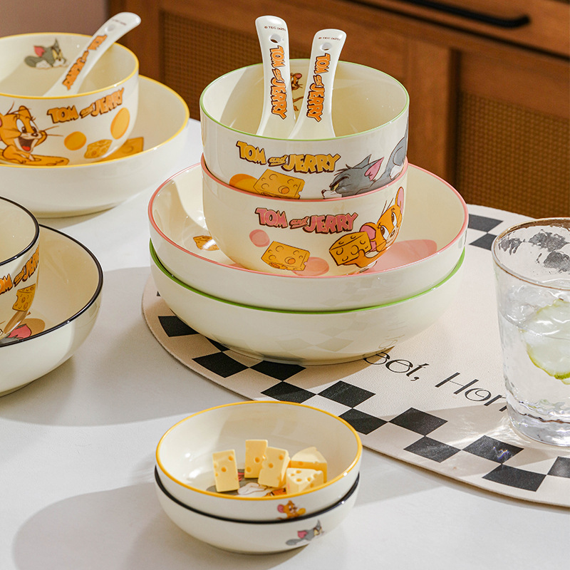 Tom and Jerry Kidsren's Tableware Jerry Cute Set Underglaze Color Household Rice Bowls and Plates Ceramic Dishwasher-Safe Dishes