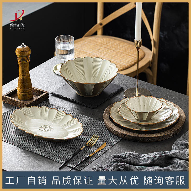 Rough Pottery European-Style Porcelain Simple Bowl for Home Use, Irregular Bowl for Restaurant, Hotel Tableware Set, Multifunctional Nordic Style