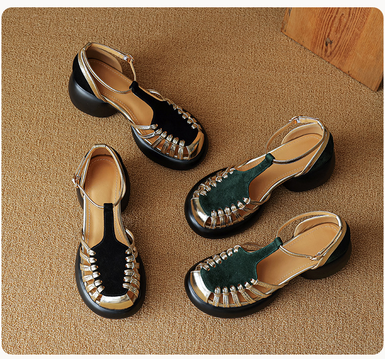 Sandal nữ quai ngang dệt mảnh da lộn, gót vuông ổn định, đế dày ghép màu — Màu đen chi tiết 24