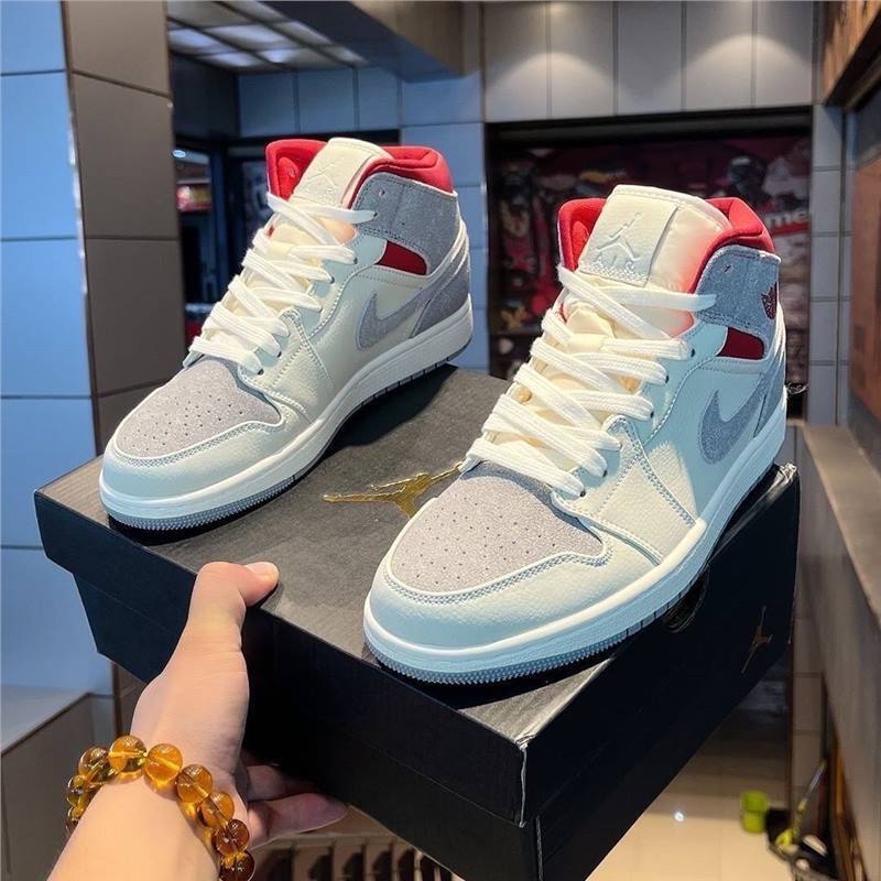 New Air Aj Mid White Gray Red Gray Mid-Top Men's Campus Student Casual Sports Aj Basketball Shoes