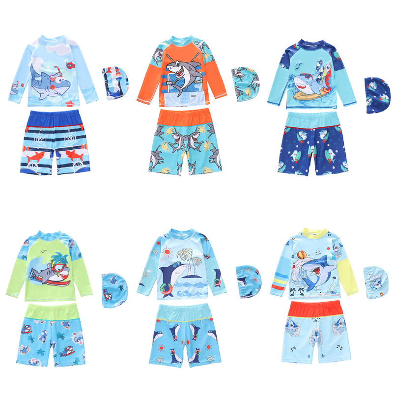 New Children's Swimwear for Boys, Two-Piece Long-Sleeve with Shorts, Available in Small, Medium, and Large Sizes, Boys' Swim Trunks