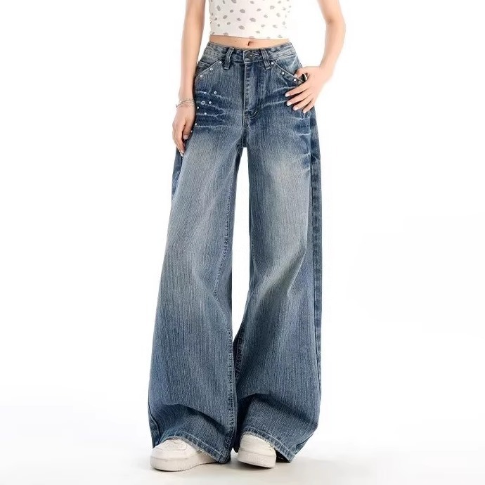 Women's Retro Studded High-Waisted Wide Leg Jeans Casual Cotton Denim Spring/Autumn Style Relaxed Straight Leg Unique Design_voghion.com