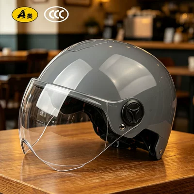 and Women, Sun Protection Half Helmet, Motosiklet kaskı (dəbilqə) - gray-transparent-short-mirror