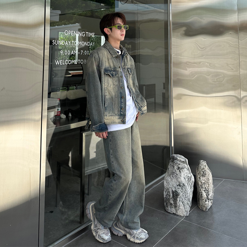 American retro washed Denim coat men's waste soil style niche design sense shoulder pad jacket top casual pants suit