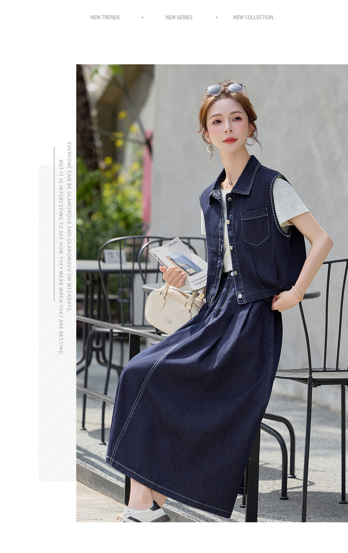 Bộ ba món thời trang nữ hè 2026: áo thun + áo khoác vest denim + chân váy midi — màu xanh nhạt, màu xanh đậm chi tiết 12