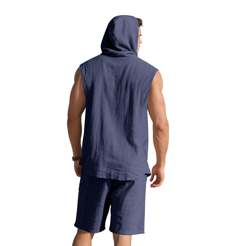 K Loose Casual Minimalist Hooded Sleeveless Sports Shirt Shorts Two-piece Set_viptrois.com