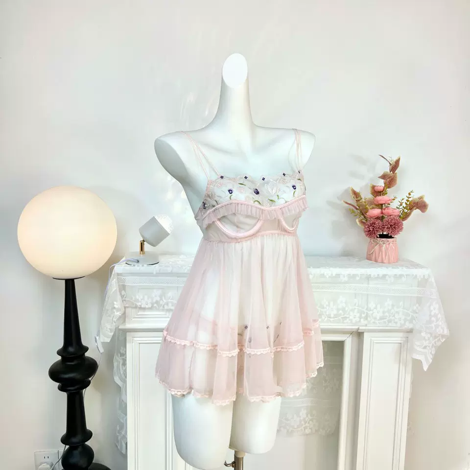 东南亚跨境性感提花网纱睡裙2025新款高级感带钢托配Y裤情趣睡衣