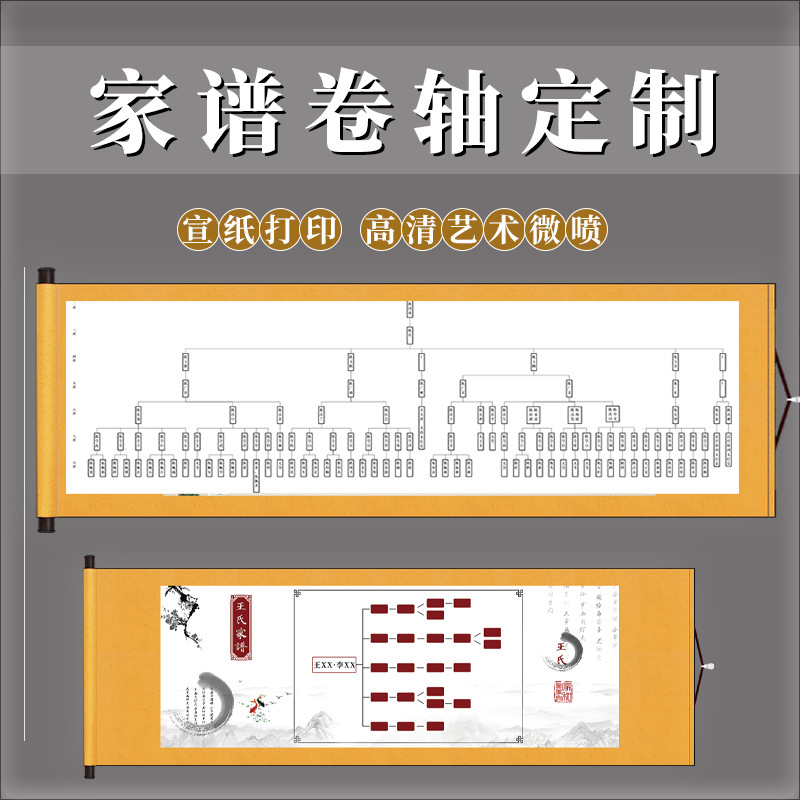 印刷父系母系古风宝塔式世系图家谱族谱卷轴刷世系图表挂轴定/制