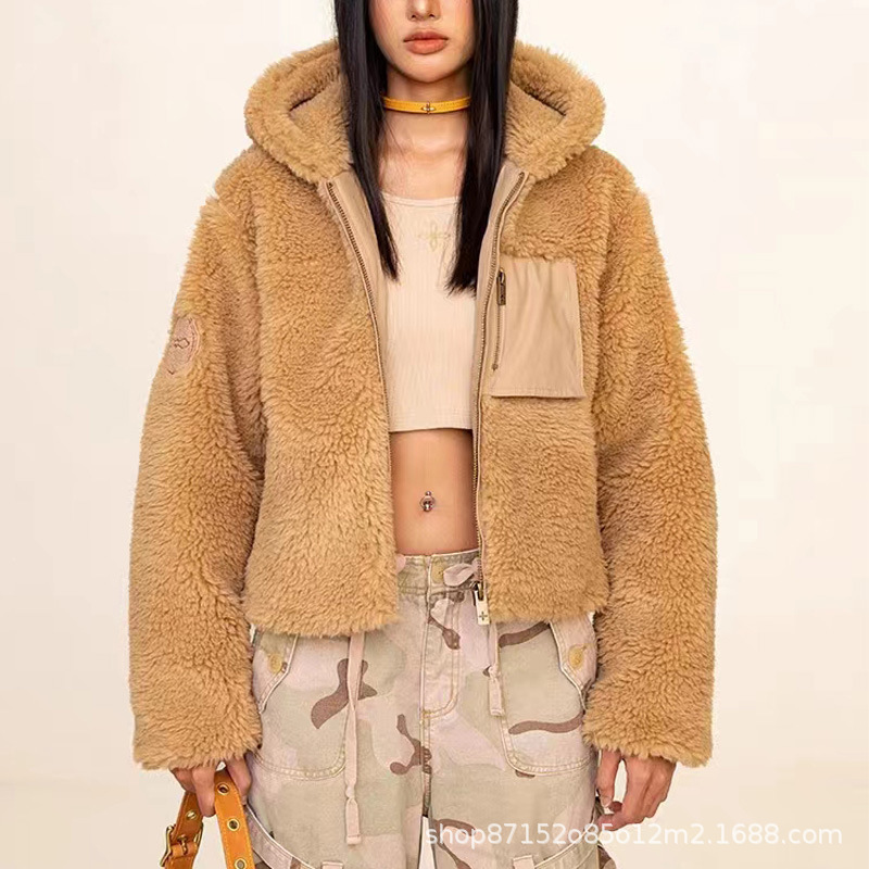 SMFK R Explorer Fur Short Hoodie 23 Winter Women's Lapel Short Slim Warm Lamb Wool Jacket