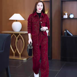 欧洲站时尚套装女款2025年春季新款酒红色翻领宽松卫衣两件套女装