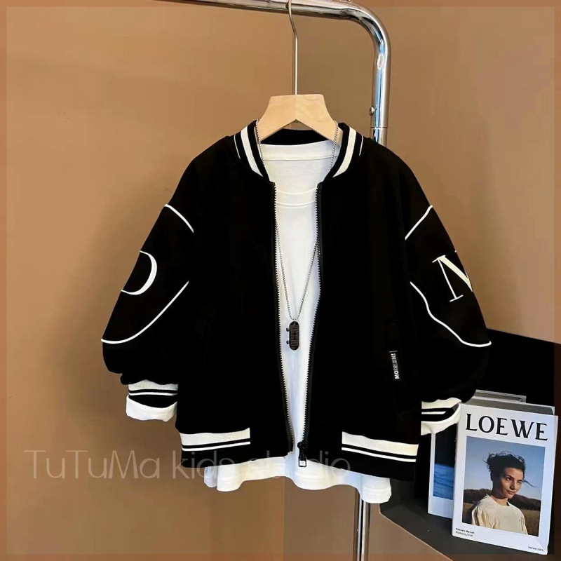 [Fleece-Lined/No Fleece] Children's Jacket for Boys, Autumn and Winter Style, Zip-Up Baseball Jacket, for Older Children, Autumn Clothing