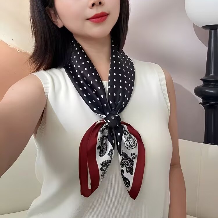 Women's Pure Silk Scarf 2025 New Cashew Polka Dot Square Scarf Autumn/Winter Luxury Old Money Style Korean Necktie - Thumbnail 5