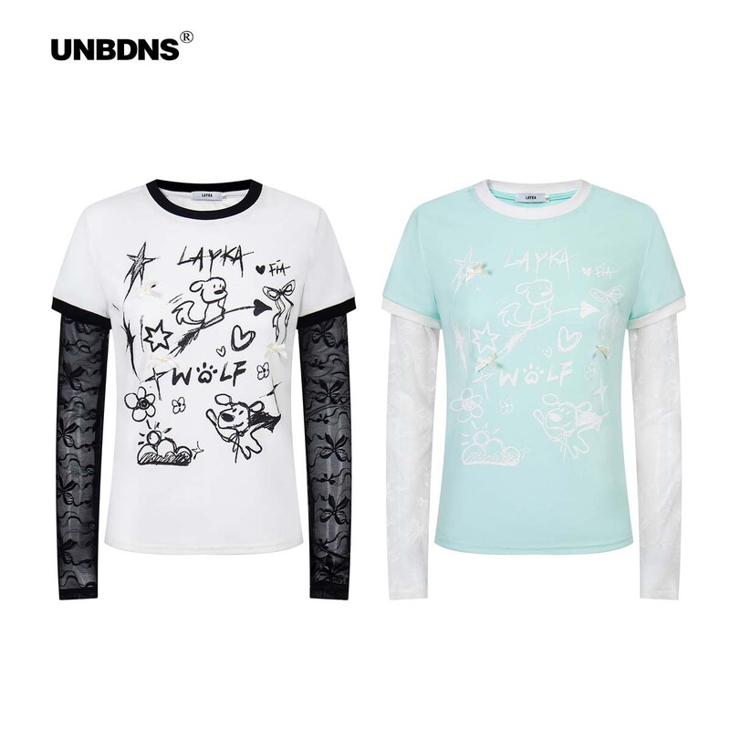 Unbdns Summer New Sweet and Cool Style Printed Fake Two-Piece Lace Splicing Versatile Right Shoulder Round Neck Long-Sleeved T-Shirt