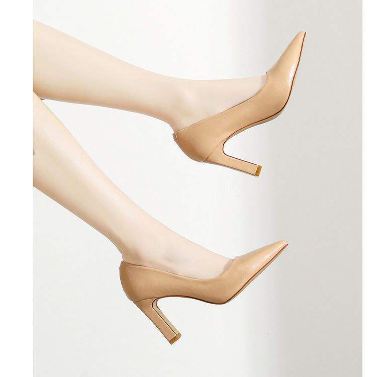 2025 Spring New Soft Leather French Chunky Heel High Heels Women's Versatile Pointed Nude Single Shoes Professional Women's Shoes