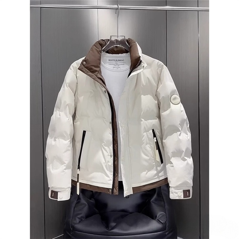 Men's White Duck Down Jacket, Winter 2026 New Style, Color Block Stand Collar Warm Thickened Coat, Black