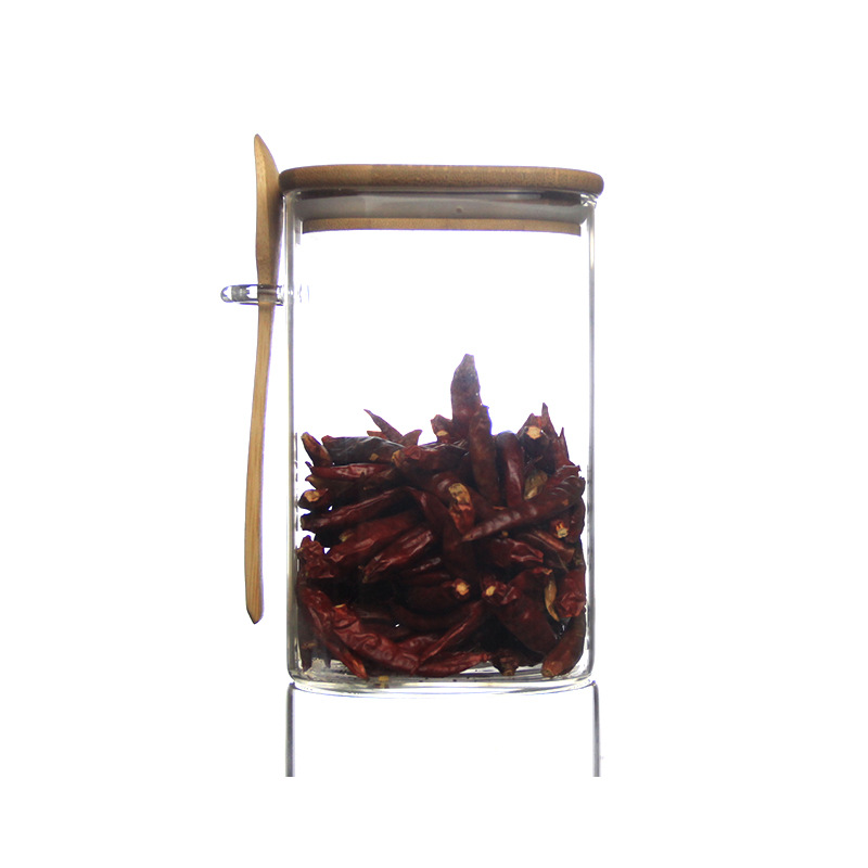 Botella de condimento de estilo japonés cocina frasco de almacenamiento de alimentos frasco cuadrado de vidrio sellado frasco de almacenamiento de granos de café doméstico con cuchara de madera