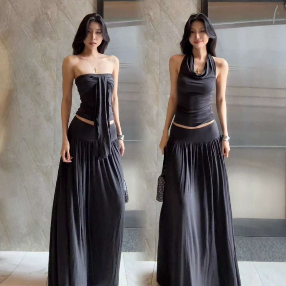 Американское платье с воротником-халтер для женщин, летний серый топ-труба, юбка с высокой талией, комплект