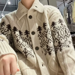 费尔岛提花复古高领上衣羊毛针织开衫女刺绣慵懒宽松加厚毛衣外套