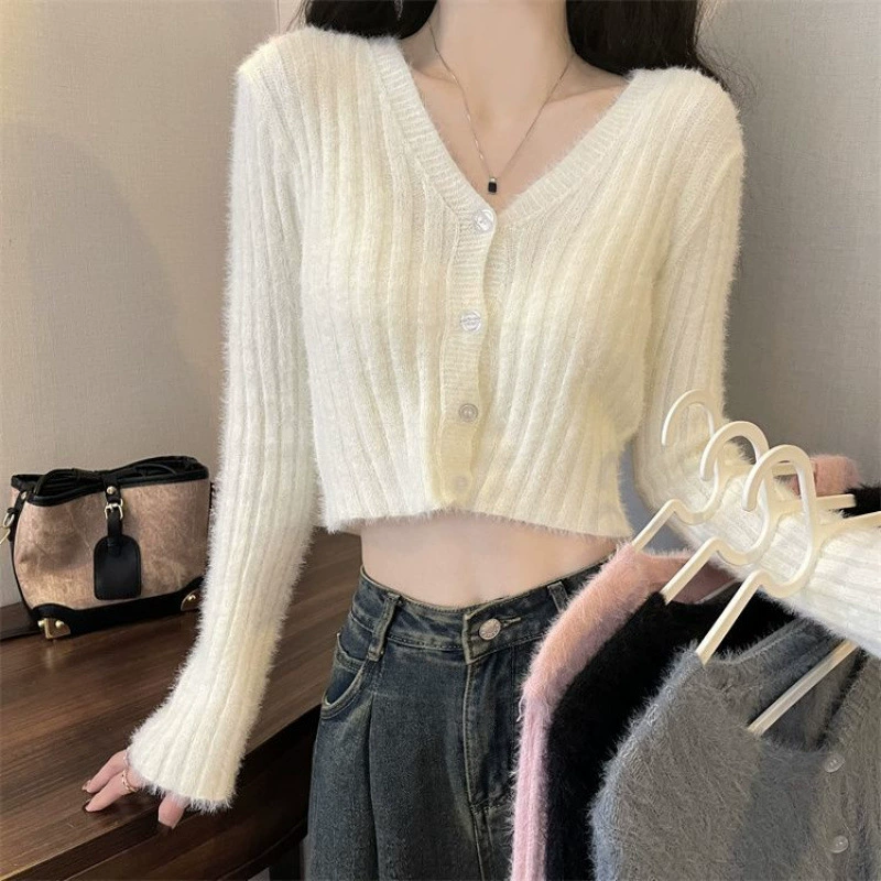 Вязаный осенний тонкий короткий милый кардиган, V-образный вырез, стиль Chanel, высокий пояс, обтягивающий