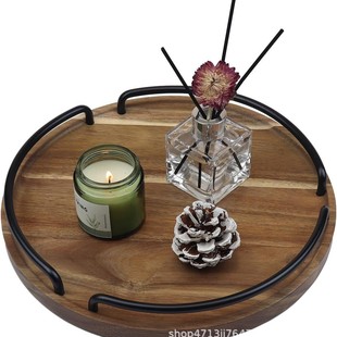 Wooden Acacia Round Storage Plate Metal Solid Wood Desktop Dessert Plate Fruit Plate Tea Tray Cup Tray