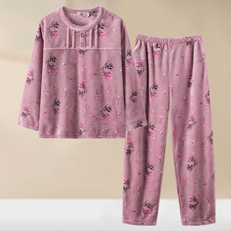 Autumn and Winter Mother's Coral Fleece Home Clothes Middle-aged and Elderly Women's Pullover Flannel Warm Pajamas suit Two-piece Set for Women