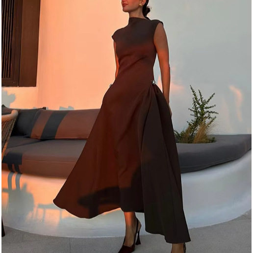 Sleeveless Slant Shoulder Metal Decoration dress European and American Cross-border Spring New Style Socialite Style Tight Waist Long Dress