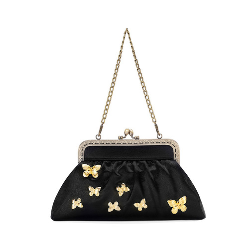 Black metal butterfly handbag, antique cheongsam banquet clutch, chain metal small square bag