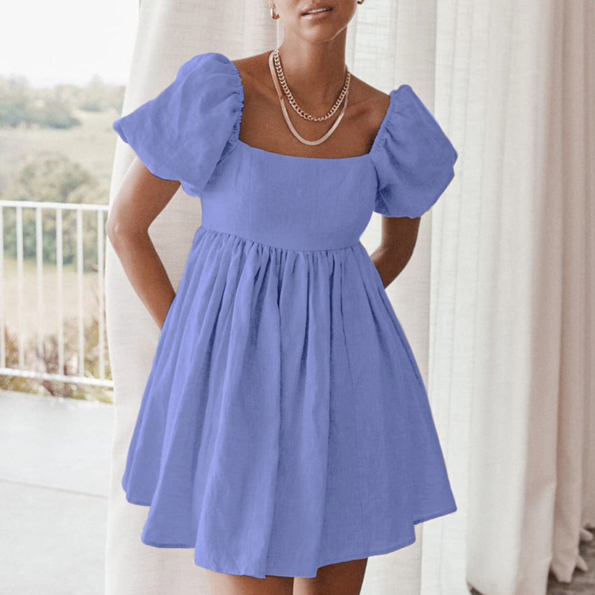 solid color Puff Sleeve Waist A-line Cotton Linen Dress  NSSQS124494