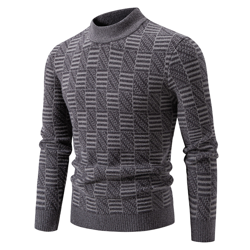 Herrenbekleidung: Lässiger Herrenpullover mit halbhohem Rollkragen, lockerer Passform, Jacquard-Strick, Langarmpullover für den Winter (Dunkelgrau, Marineblau, Khaki)_voghion.com
