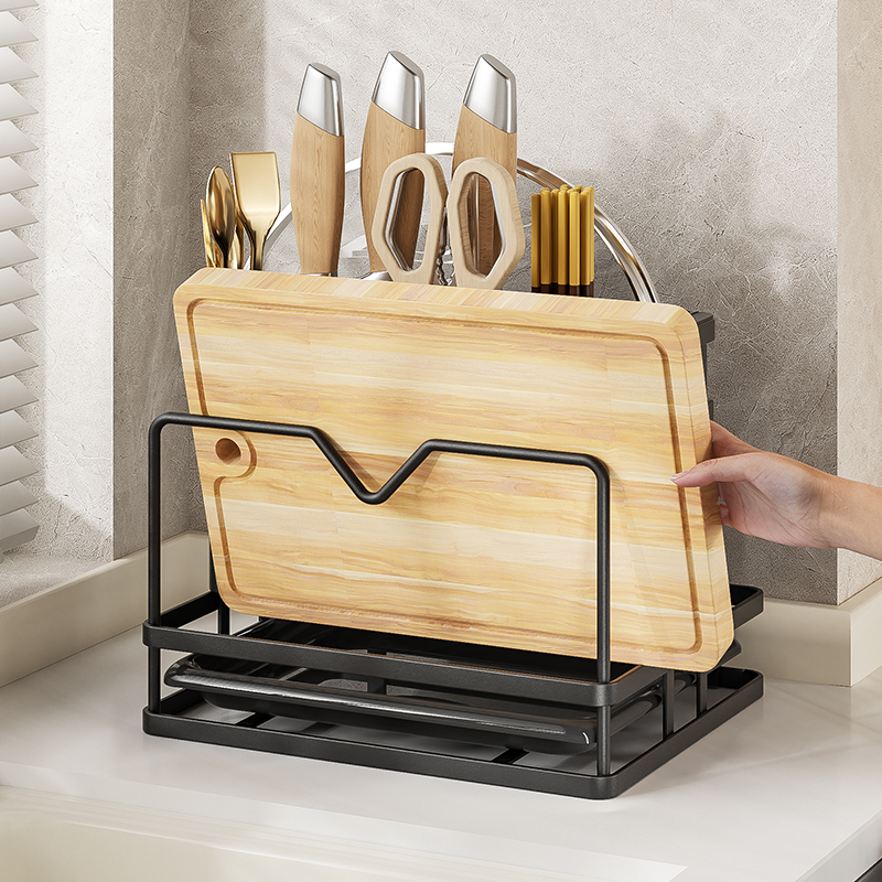 Rack de almacenamiento integrado multifuncional para cuchillos de cocina, palillos, tablero de cortar, cubierta de panela y tablero de verduras