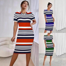 亚马逊爆款欧美外贸条纹印花连衣裙女夏季时尚性感圆领短袖裙子女