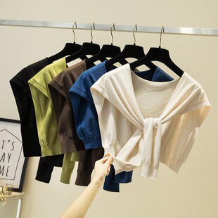 Knot Knitted Small Shawl Women's Jacket Autumn Korean Casual Loose Sweater Shoulder Top Scarf Scarf