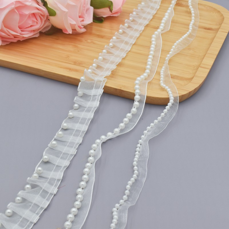Spot Snow Gauze with Pleated Lace DIY Mother-In-Law Belt Single-Sided Pearl Clothing Shoes and Hats Accessories Folded Lace
