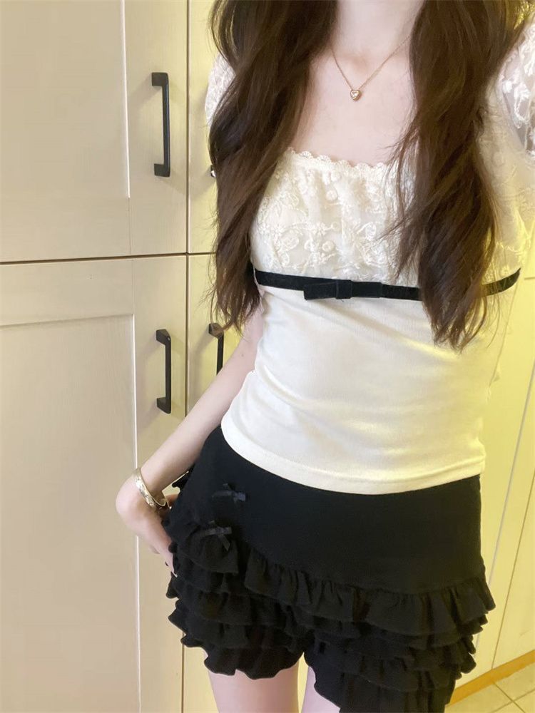 Korean-Style Lace Patchwork Bow Short-Sleeve T-Shirt for Women, Summer Slim-Fit Puff Sleeve Square Neck Top