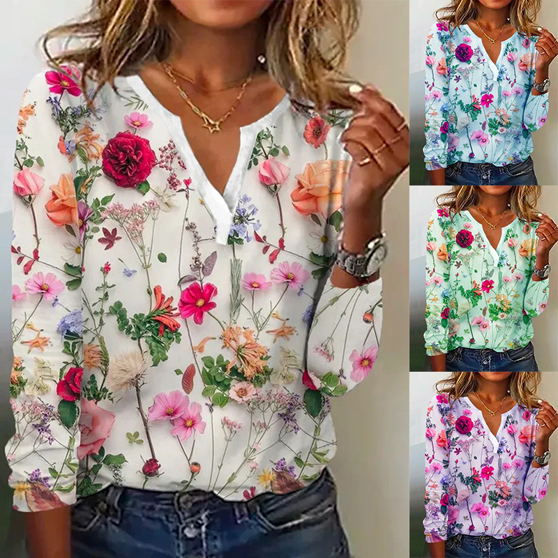 Amazon 2025 Hot Selling European and American Summer Trendy Independent Station Printed V-Neck Long-Sleeved T-Shirt Tops Cross-Border Women's Clothing Amazon 2025 Hot Selling European and American Summer Trendy Independent Station Printed V-Neck Long-Sleeved T-Shirt Tops Cross-Border Women's Clothing