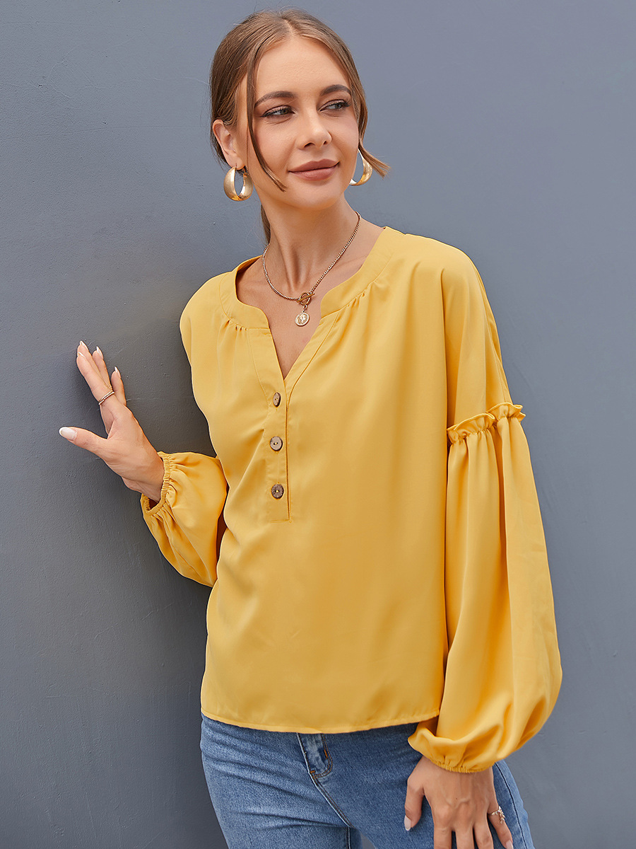 solid color splicing lantern sleeves V-neck top nihaostyles clothing wholesale NSAL91189