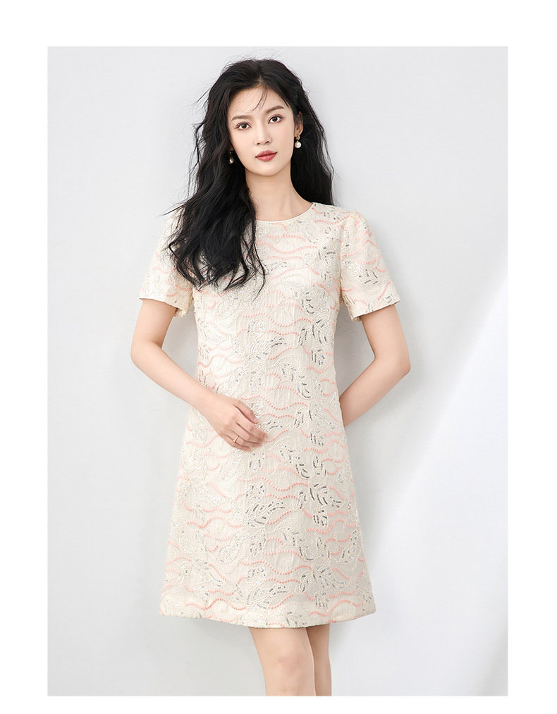 Váy chữ A thêu hoa đính sequin tinh tế, quý phái, dáng suông midi — Màu hồng chi tiết 7