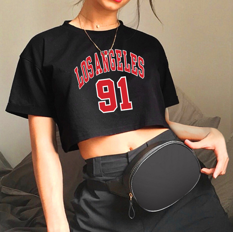 Aliexpress Walmart Hot Selling Short Top Los Angeles 91 Personalized Trendy Pure Cotton Navel-Baring T-Shirt for Women