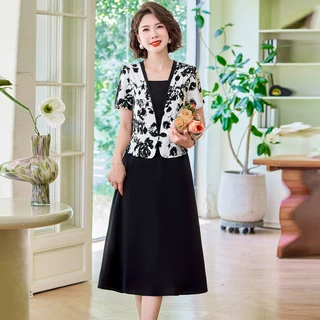 中式假两件印花连衣裙时尚显瘦夏季裙子气质夏装妈妈拼色中老年装