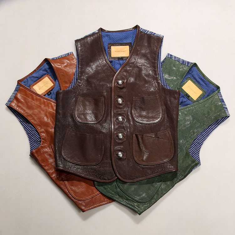 Description Picture 2 of item2024 New Spring Autumn Blue Dyed Clothing Genuine Leather Waistcoat Bikers Motorcycle Vest Male Sheepskin Sleeveless Coats