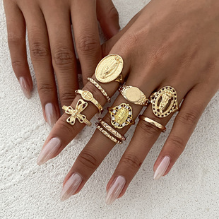 European and American Cross-Border Hip-Hop Ins Diamond Crown Portrait Ring Set Retro Fashion Cross Joint Ring Ring