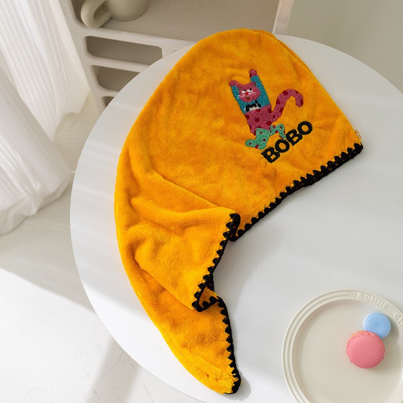 珊瑚绒干发帽浴裙吸水速干包头发毛巾珊瑚绒可爱刺绣宿舍洗头浴帽