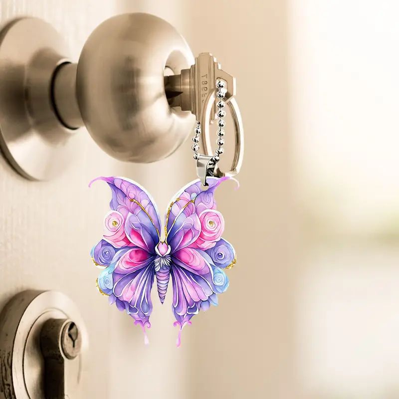 Creativo nuevo colgante de vacaciones de mariposa púrpura 2D plano transfronterizo automóvil colgante de espejo retrovisor colgante llavero colgante image 3