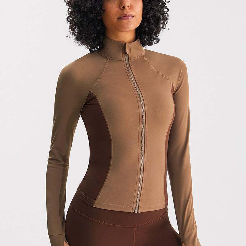 Chaqueta de ropa de yoga cepillada para mujer, delgado y delgado, camisa de cuello alto y fitness a juego