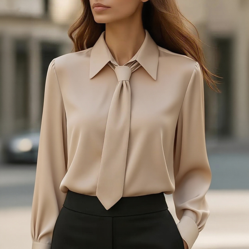 2026 Amazon European and American Cross-Border New Spring and Autumn Solid Color Casual Tie Long-Sleeve French-Style Women's Shirt