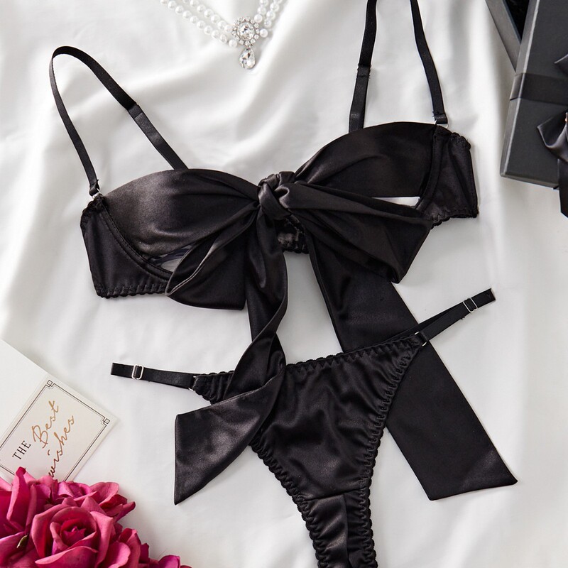 European and American Sexy Bra with Bow Tie, Black Hollow Set, European and American Popular Style, Comfortable and Breathable, Ready for Sale
