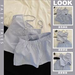 吊带短裤带胸垫睡衣女夏季新款云朵棉高级感甜美蓝条纹家居服套装