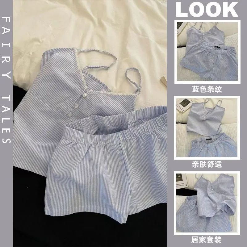 Summer New Style Cloud Cotton High-End Sweet Blue Striped Home Wear Set with Suspender Shorts and Breast Pads for Women