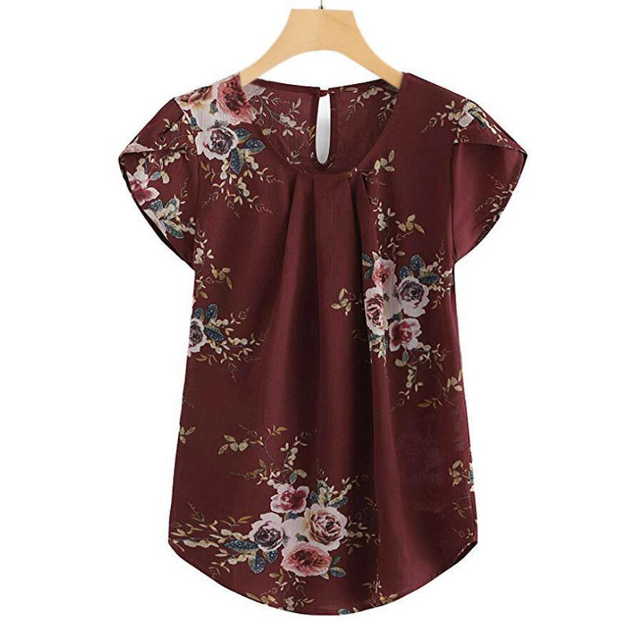 Cross-border 2025 camisa de cuello redondo casual de mujer flor de pliegue delgada venta rápida TONGWISH impresión camisa de manga corta image 5