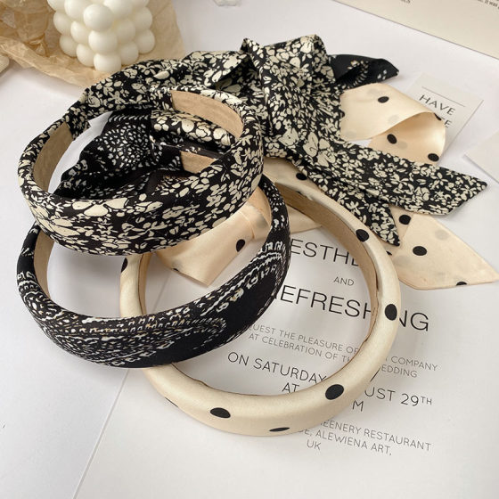 Korean-style high-grade ribbon hairband high cranial roof sponge hair cave satin wave dot floral wide-brimmed hair bundle for washing face hairpin